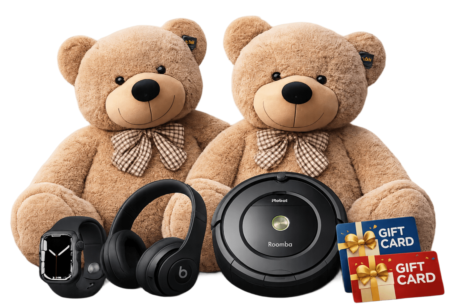 Prize bundle — Apple Watch, Beats headset, Roomba, two large teddy bears, and two gift cards
